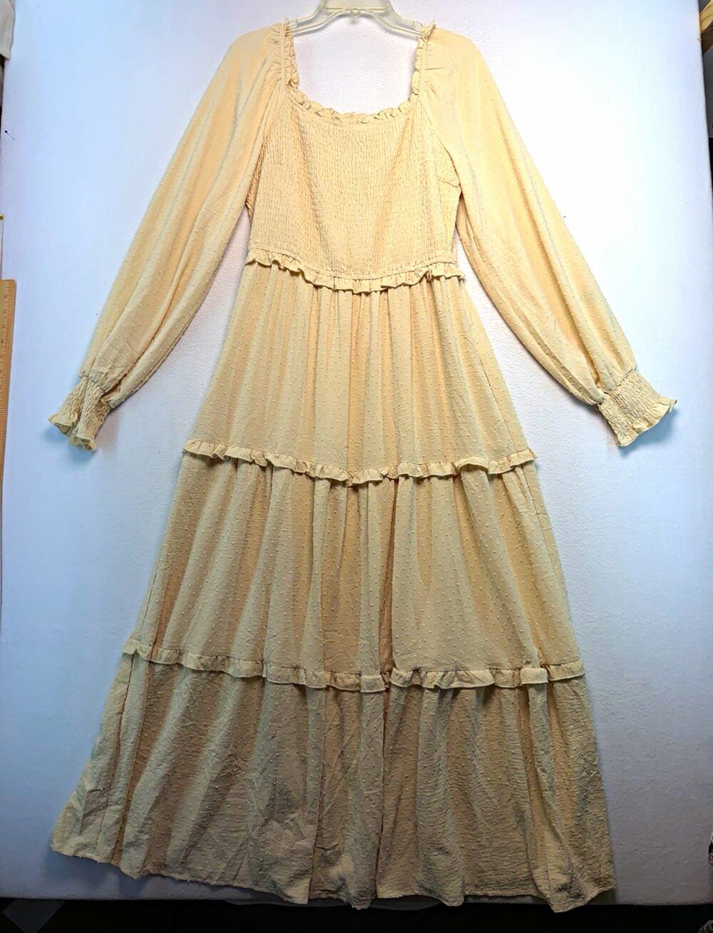Cream Women's L peasant whimsical Maxi Dress Square Neck Smocked Ruffle Lined